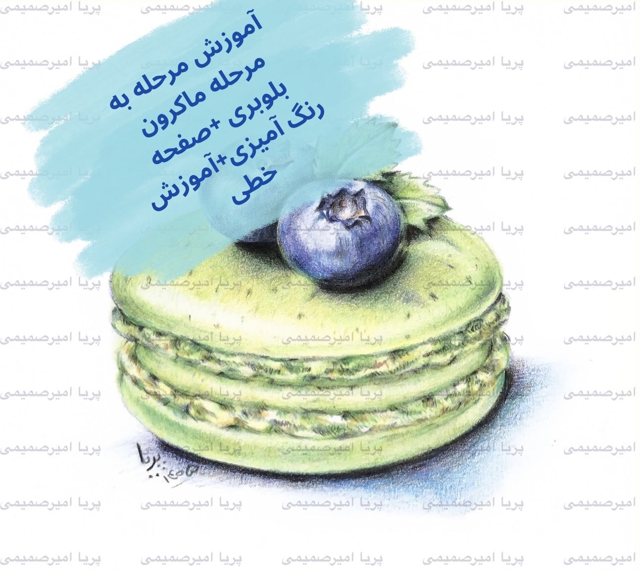 پک آموزشی نقاشی ماکارون بلوبری،آموزش خطی،صفحه رنگ آمیزی،نمونه رنگی