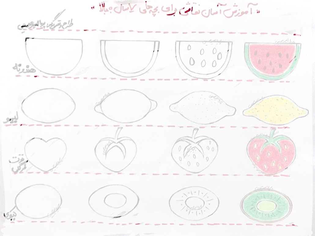آموزش گام به گام نقاشی چهار میوه برای کودکان